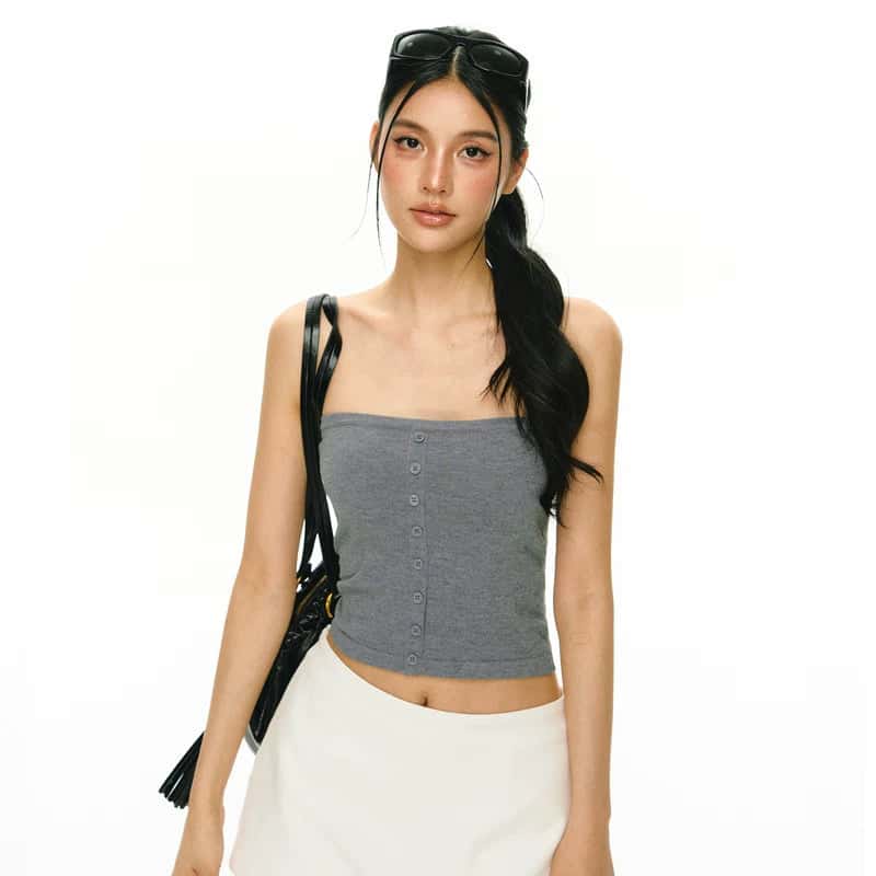 Button Front Strapless Tube Tank Top
