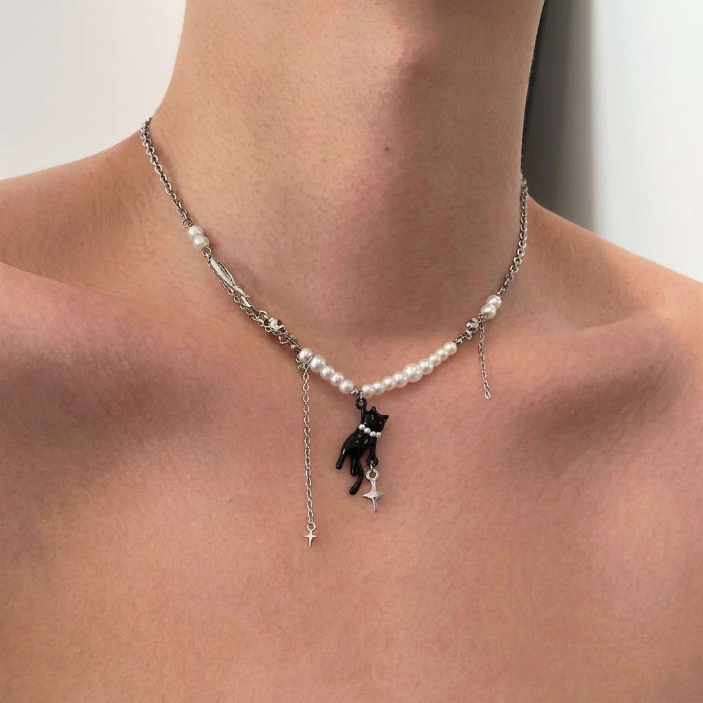 Cat Pendant Pearl Chain Necklace