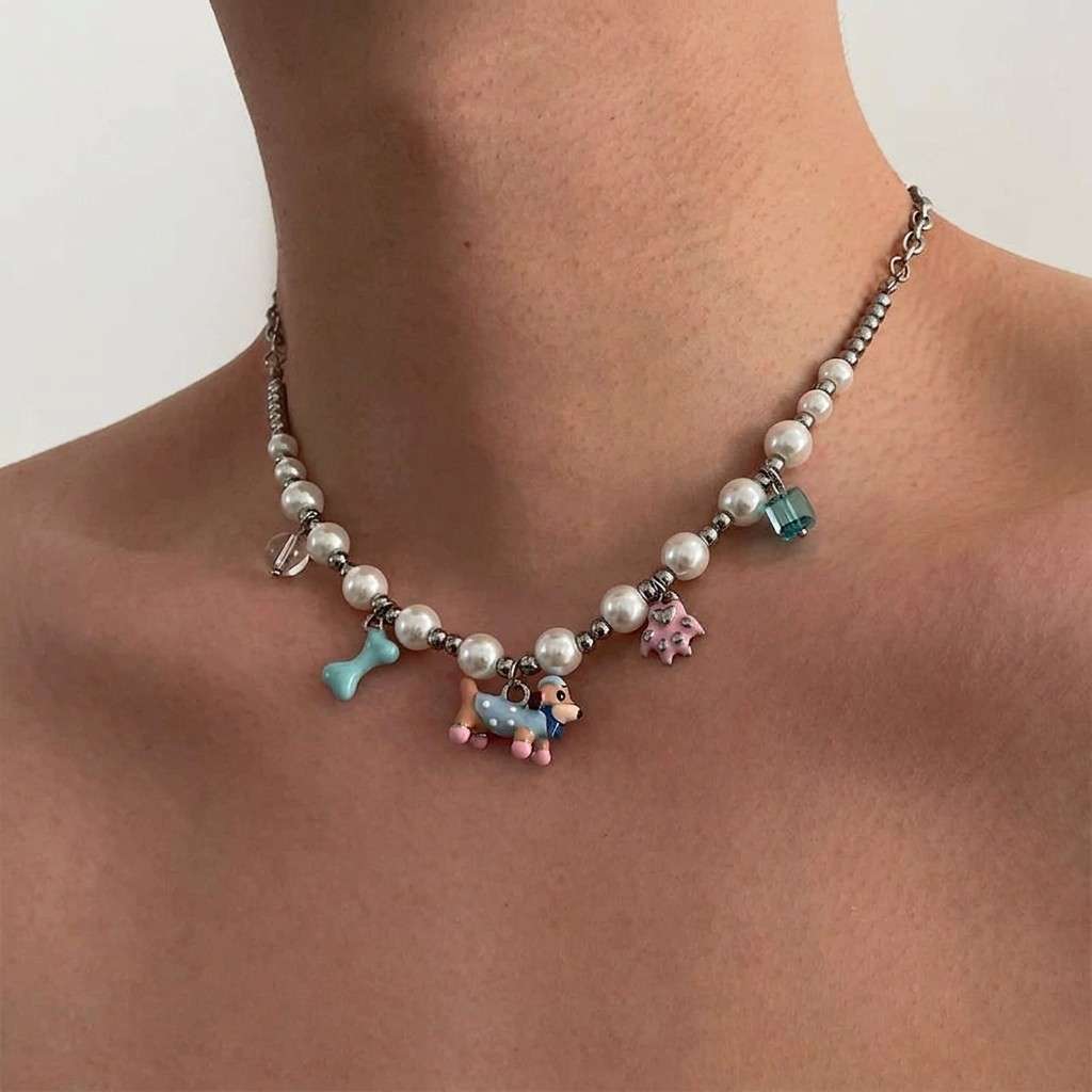 Dachshund Pearl Beaded Charm Necklace