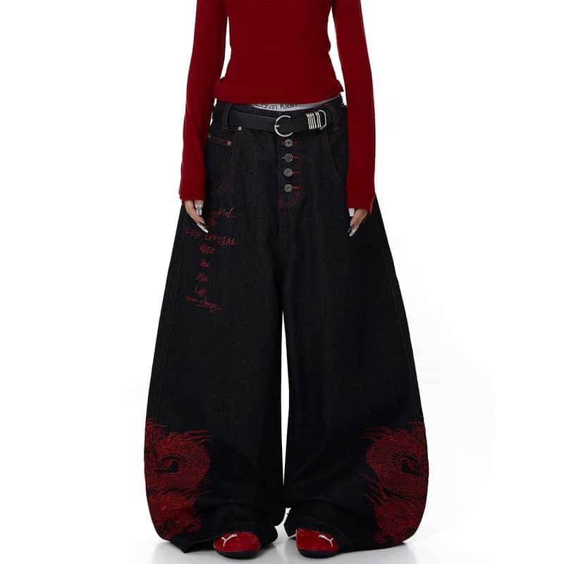 Dragon Embroidered Wide Leg Pants