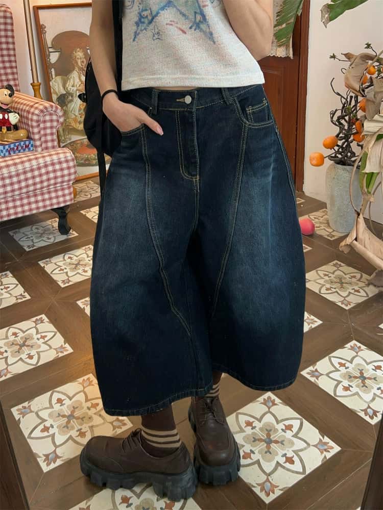 Embroidered Wide-Leg Cropped Denim Pants