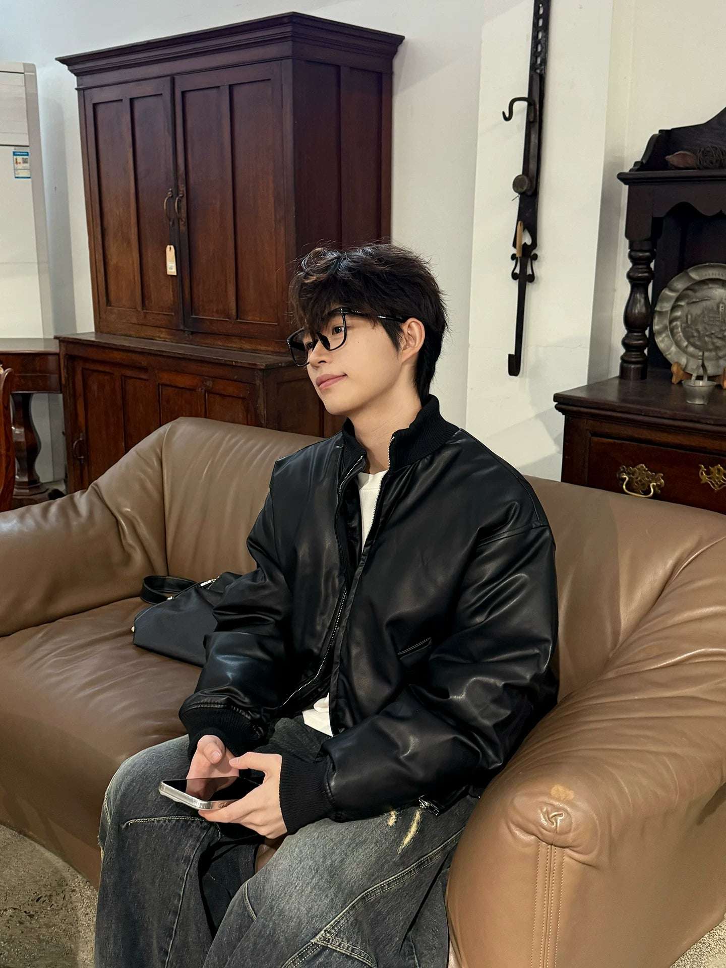 Stand-Collar Insulated Leather Jacket