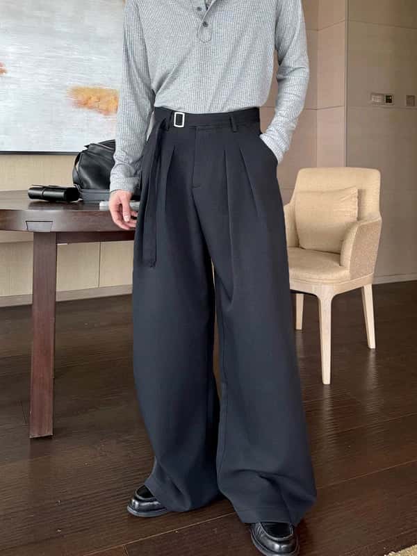 High Waisted Pleated Wide Leg Belted Pants