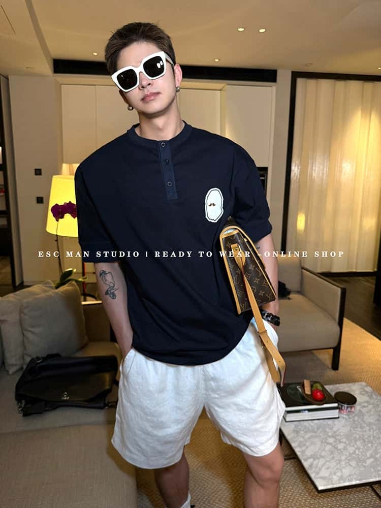 Printed Pattern Henley Neck T-shirt