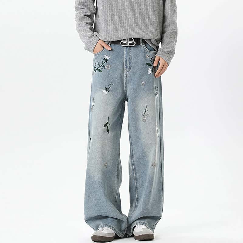 Floral Embroidery Loose Fit Jeans