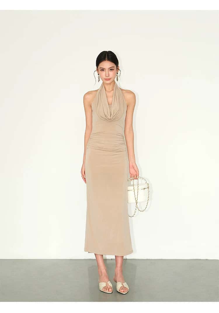 Halter Neck Ruched Bodycon Maxi Dress