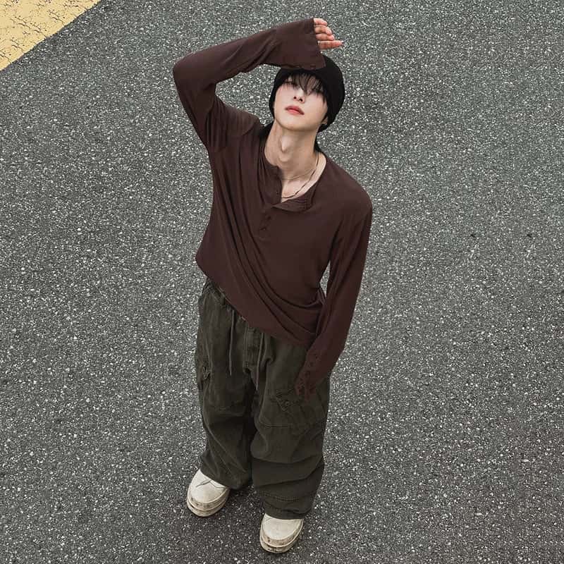 Henley Collar Long Sleeve T-Shirt