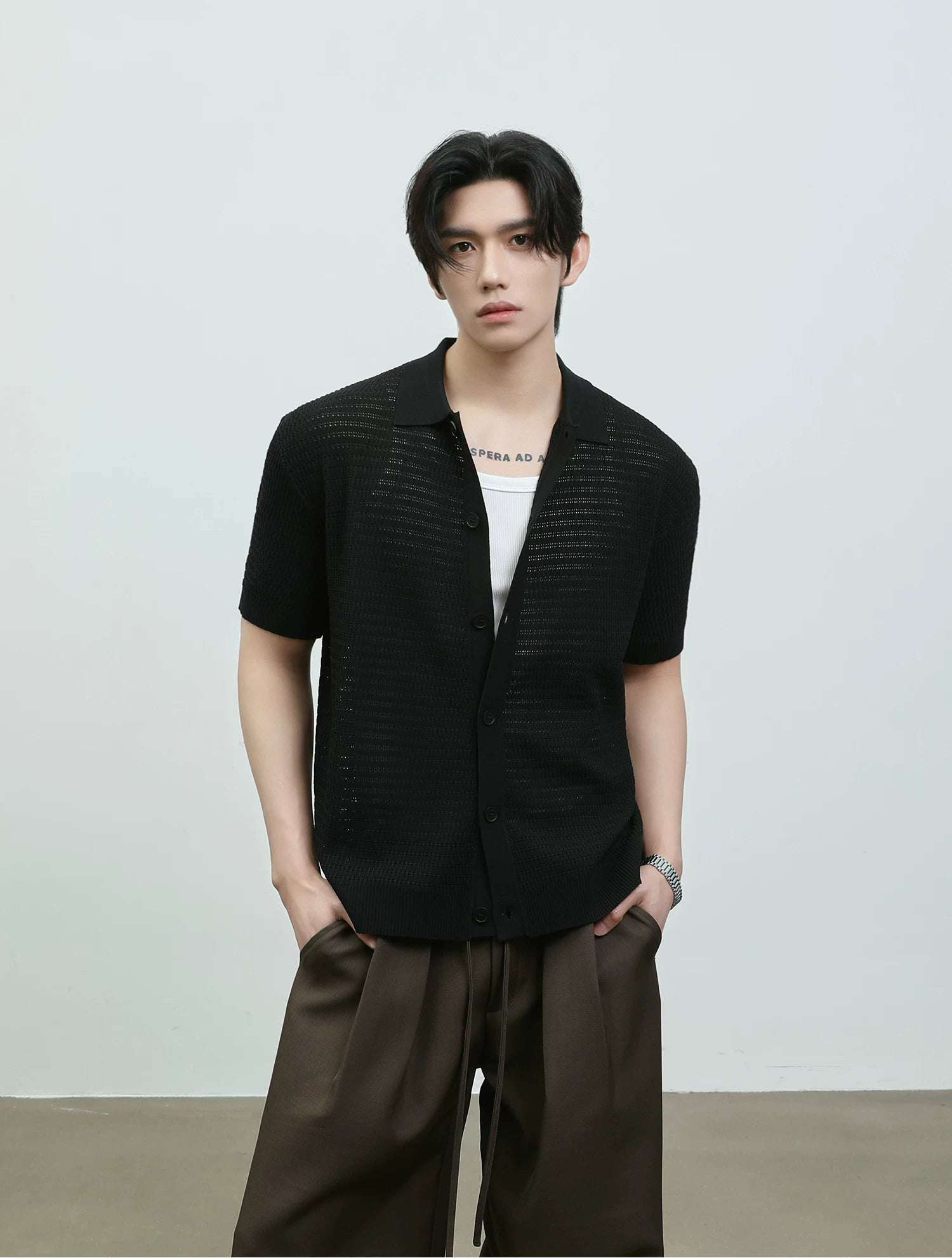 Hollow Knit Short-Sleeve Button Cardigan