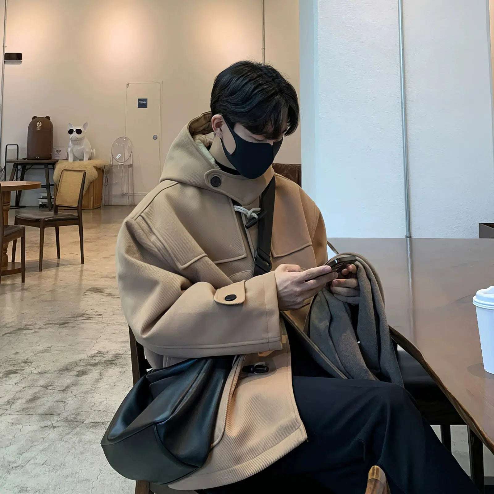 Horn Button Hooded Wool Coat