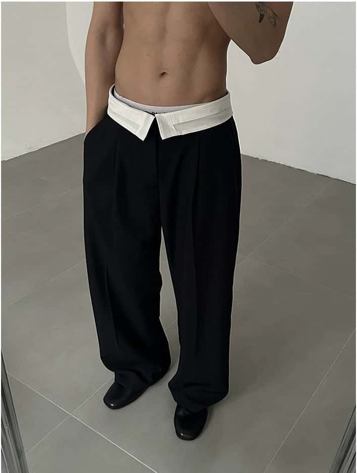 Pantalones de tiro alto con pliegues y cintura a contraste de pierna ancha