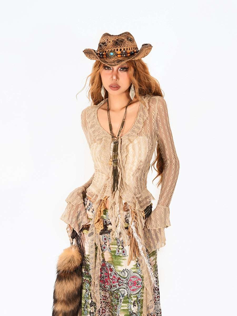 Blusa cardigan con encaje retro, volante y borlas