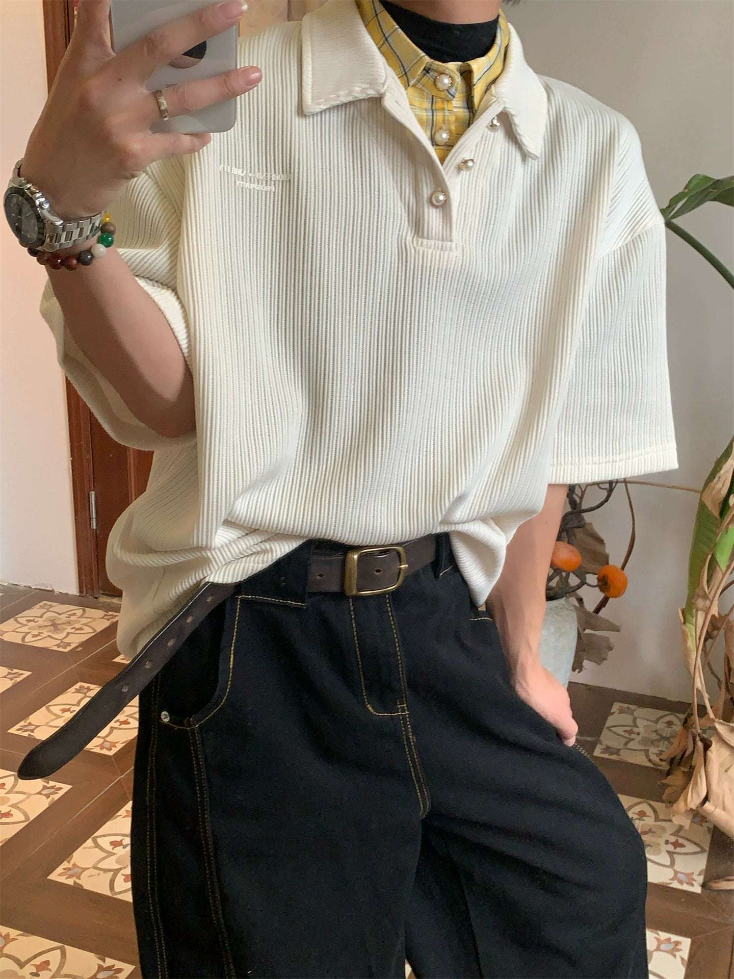 Ribbed Pearl Button Short Sleeve Polo Shirt