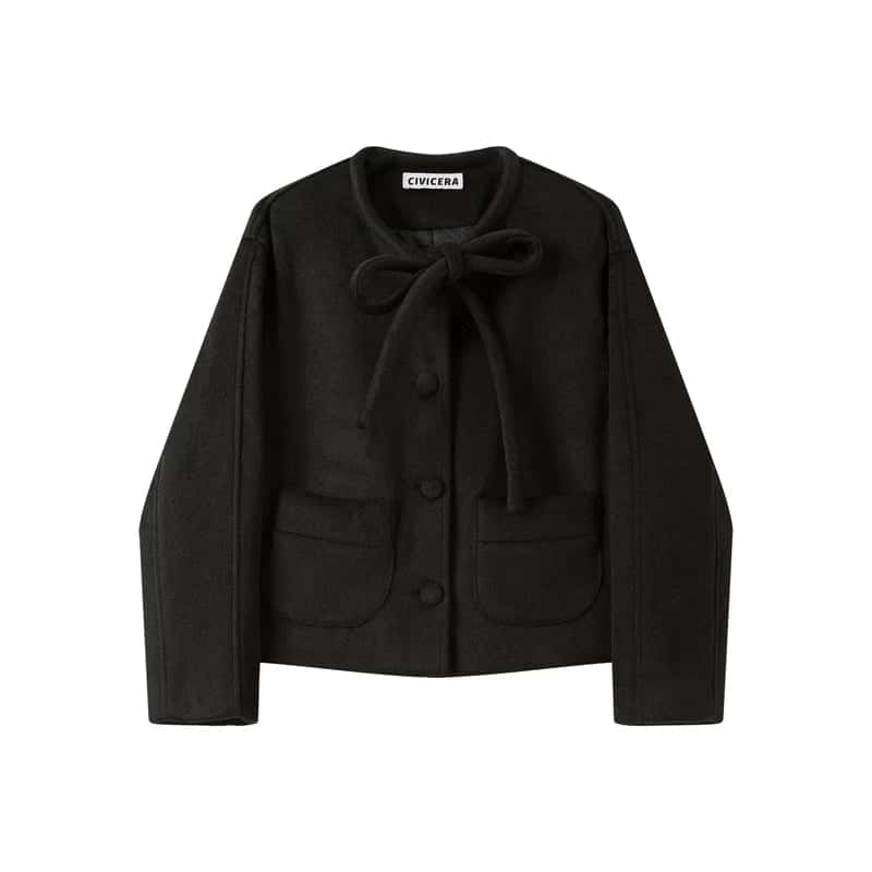 Short Wool Blend Padded Tie-Neck Jacket