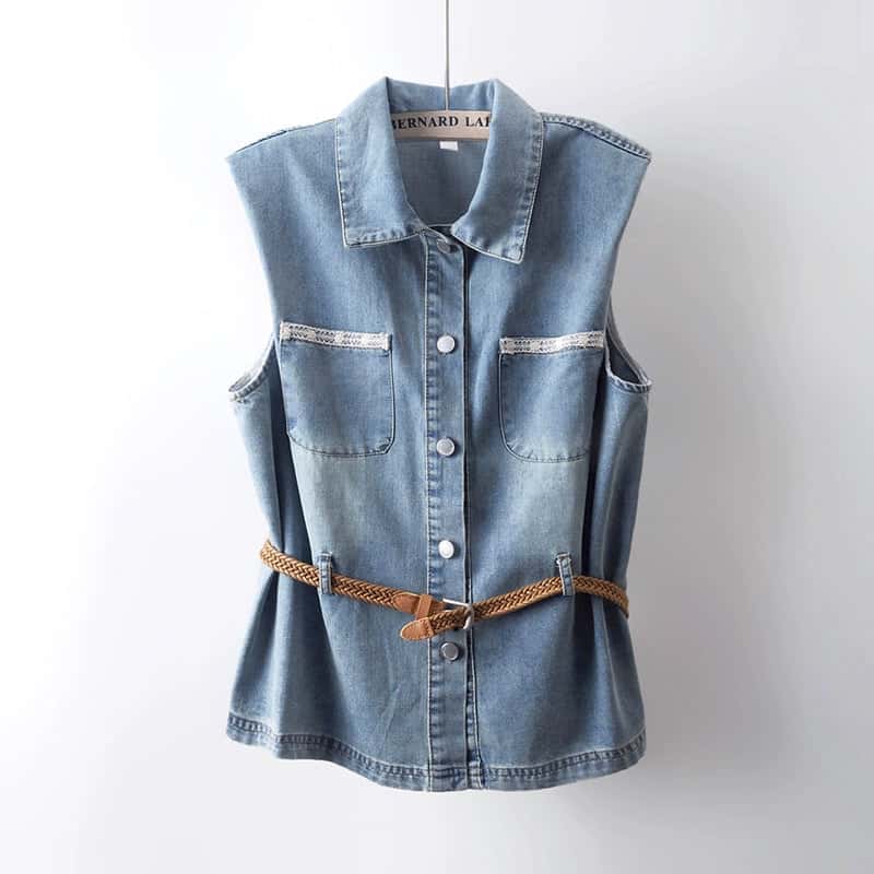 Ärmelloses Jeanshemd mit Reverskragen und Gürtel