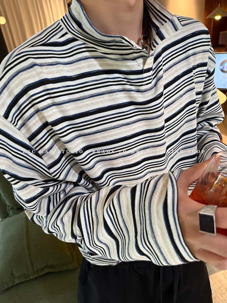 Stand Collar Striped Loose Pullover