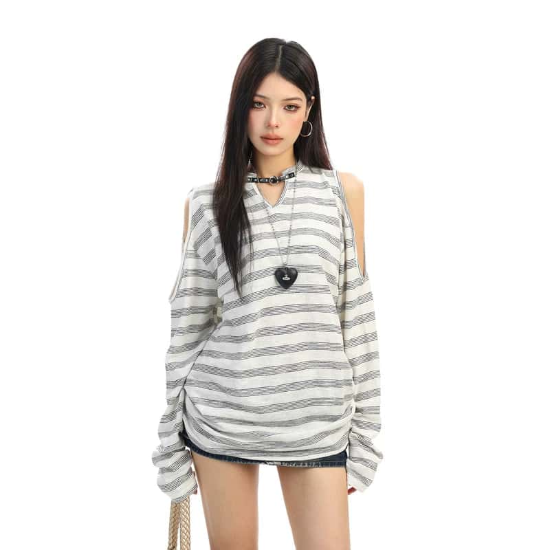 Striped Cold Shoulder Long Sleeve Pullover