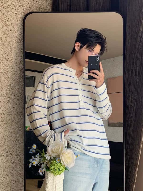 Striped Henley Long Sleeve T-Shirt