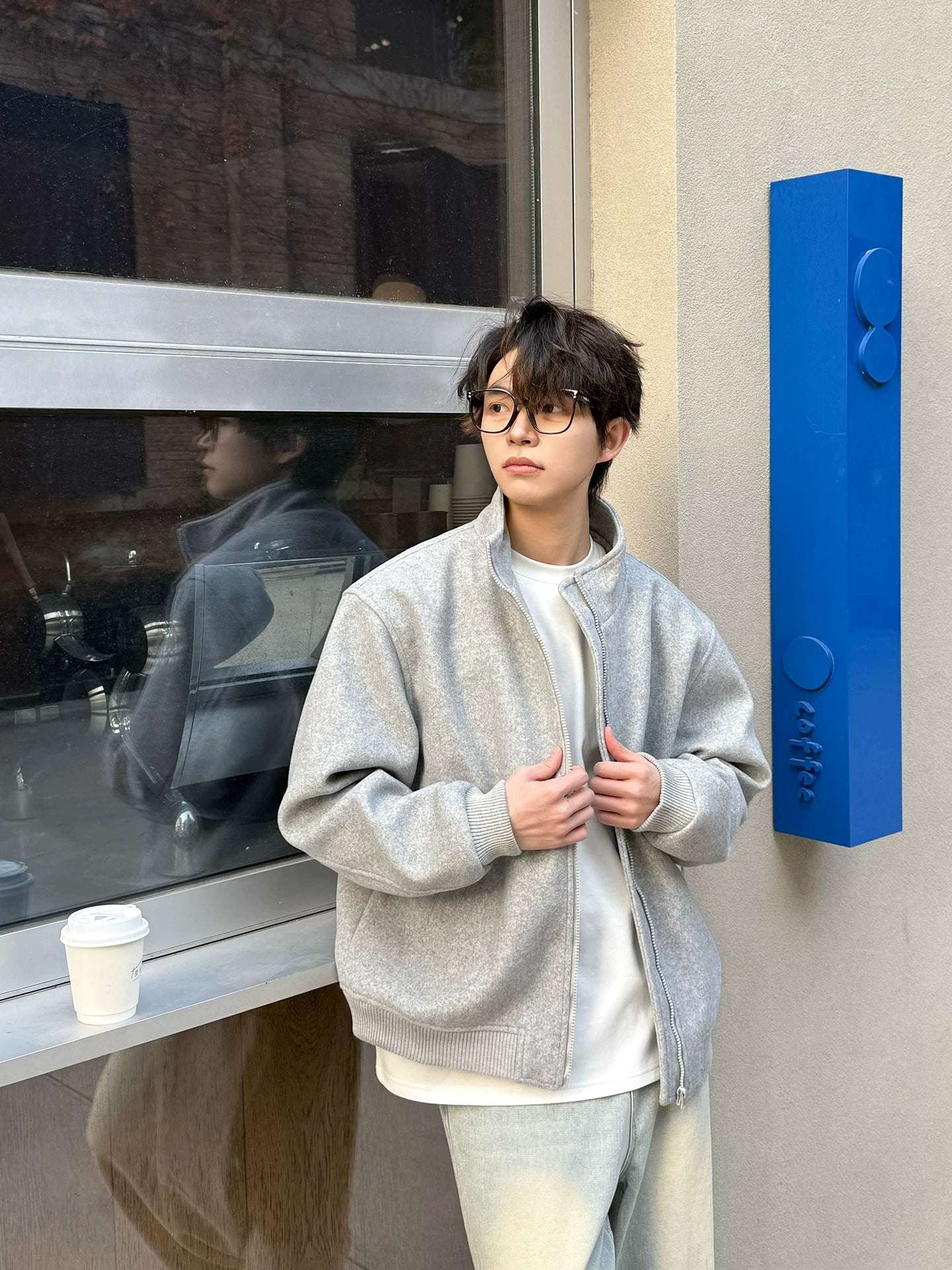 Thick Stand-Collar Wool Zip Jacket